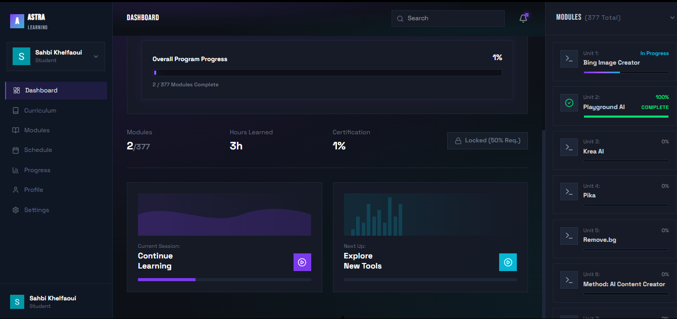 The AIMasterclass dashboard showing module progress and the 350+ tool library